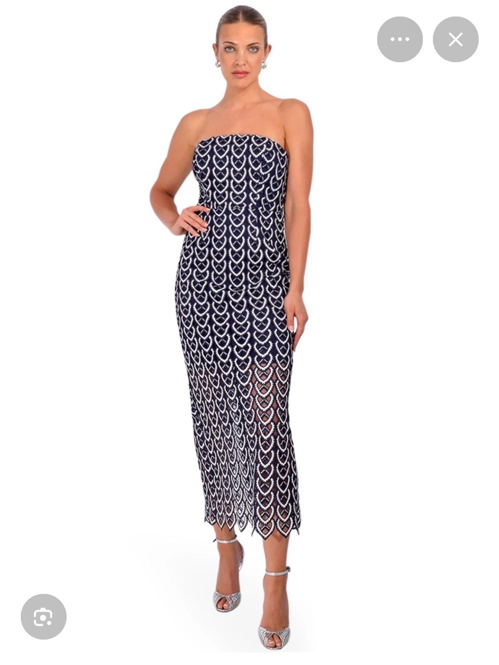 Milly Kait Strapless Navy and White Lace Midi Dress, size 6